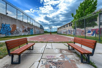 Obraz premium Empty Recreation Area in Abandoned Prison Setting
