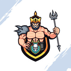 The Golden Crown Muscular Gladiator holding a Trident Spear Vector Mascot
