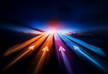 Abstract light streaks in a dark background, with a bright glow in the distance.