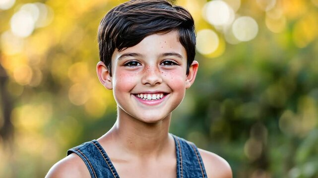 A young boy with brown hair and a big smile stands in front of a blurred background of green trees