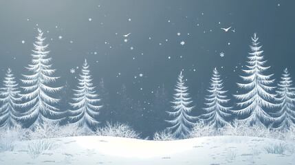 Fototapeta premium Winter forest silhouettes of fir trees and spruces with wood tree background.