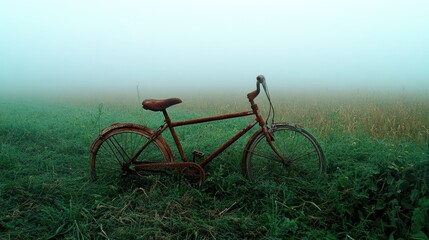 Naklejka premium Rusty Bicycle in Misty Field Landscape
