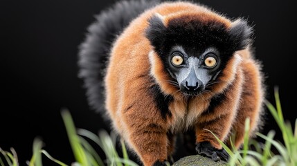 A red-ruffed lemur with black and orange fur, blue face, and yellow eyes stares intently at the camera, standing on a rock with green grass.
