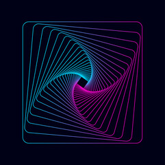 Abstract twisted spirals in cartoon style. Vector illustration of an colorful twisted spiral with a gradient in the shape of a square isolated on a dark background.