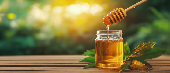 Drizzling honey into a jar with natural background