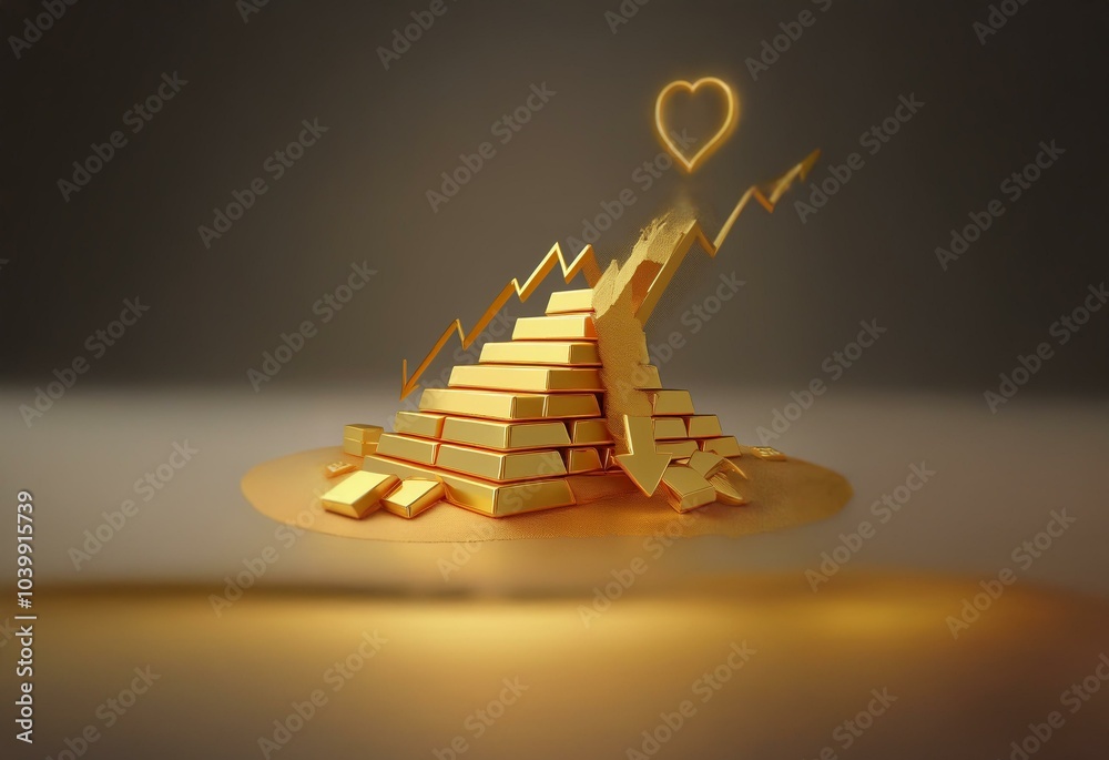 Poster a golden pyramid formed from stacked bars is being broken apart by a large descending golden arrow, 