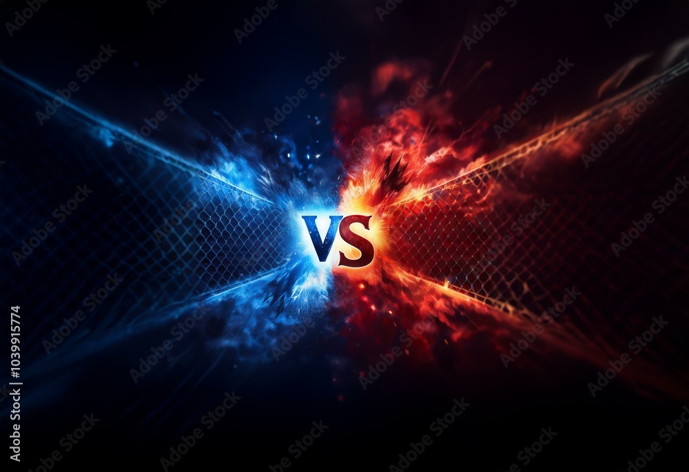 Poster a dark background with blue and red smoke and a metallic grid.