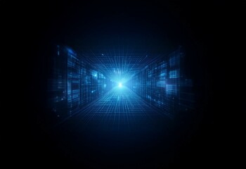A glowing blue grid of lines and squares forms a tunnel leading towards a bright light at the end.
