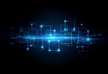 Fototapeta premium Abstract digital art with glowing blue lines and squares against a dark blue background.