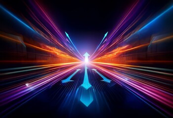 Abstract background of glowing neon light streaks with converging arrows.