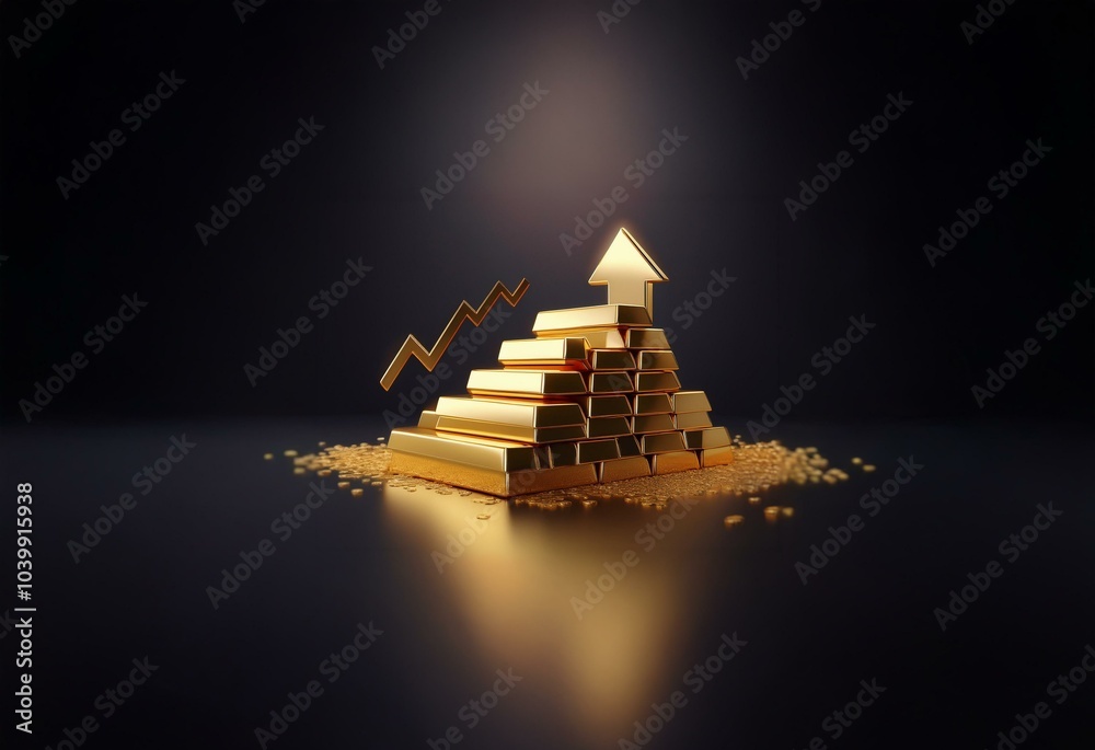 Poster A gold pyramid made of bars is illuminated by a single light source with gold coins scattered around the base and a gold arrow pointing upwards.