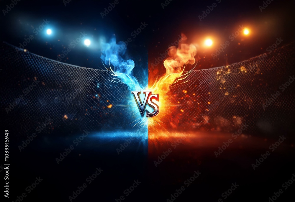 Poster a stylized image of a blue and red smoke explosion with a metallic vs symbol in the middle.