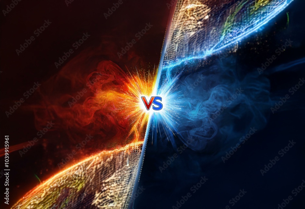 Poster abstract illustration of clashing red and blue with a sparkling 