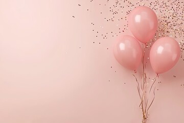 Three pink balloons with confetti on a soft pastel background.