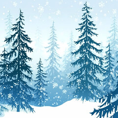 Winter forest silhouettes of fir trees and spruces with wood tree background.