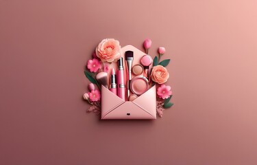 Pink envelope with beauty products and flowers on a pink background.