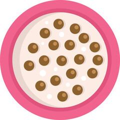 Pink bowl containing cereal with chocolate balls and milk, as seen from above
