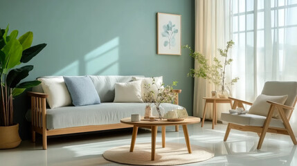 Wooden coffee table and chair. gray sofa against green wall