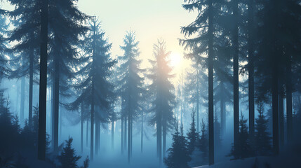 Winter forest silhouettes of fir trees and spruces with wood tree background.