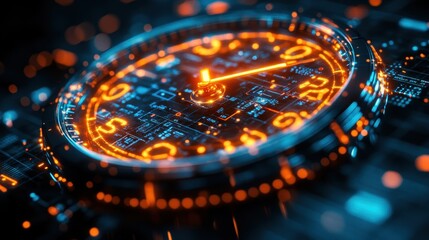 Futuristic clock design with neon illuminations and digital elements