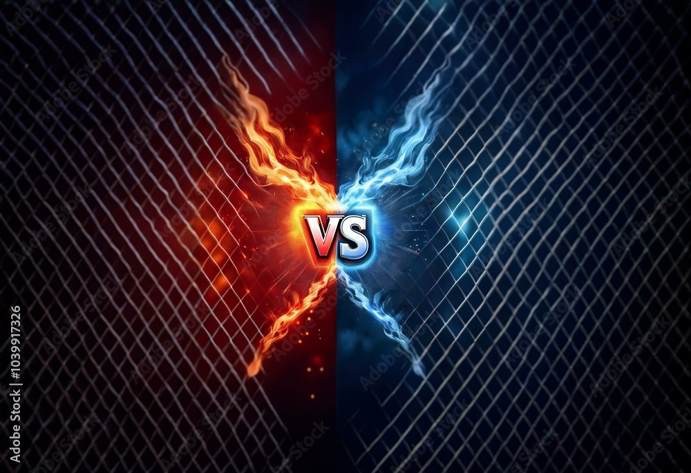 Aufkleber A black background featuring a chain link fence with a glowing red fire on the left side and glowing blue flames on the right side. The word 