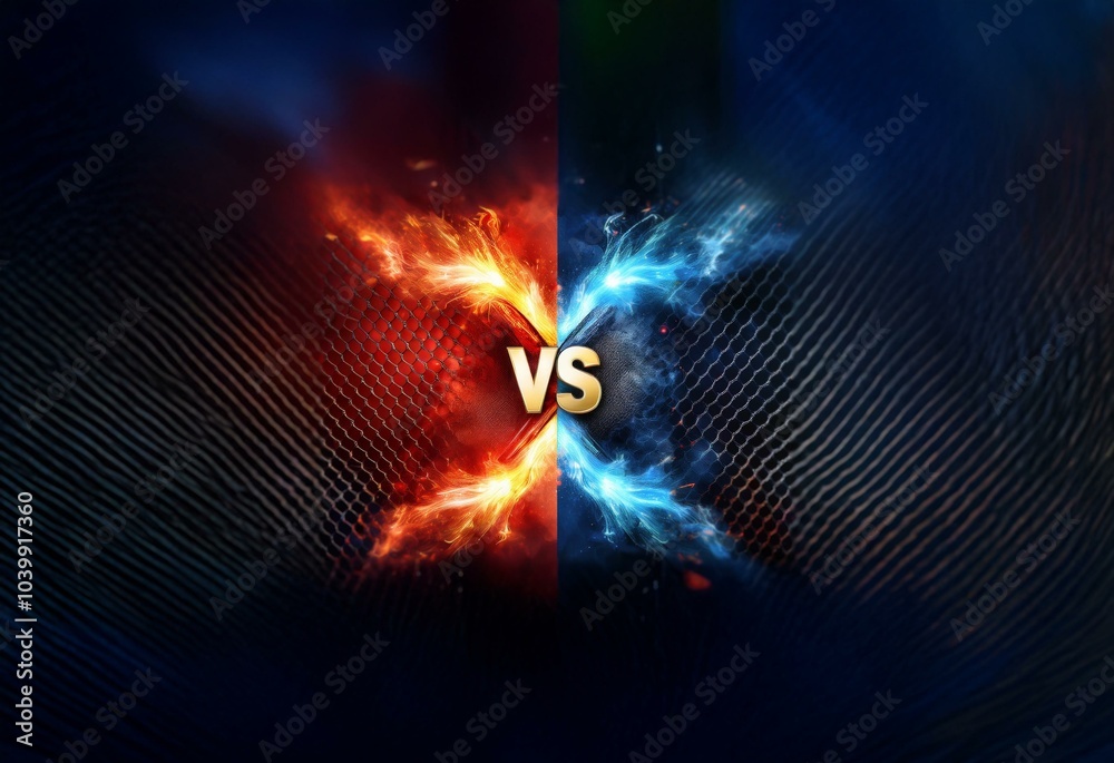 Aufkleber Abstract background with glowing red and blue streaks.  The streaks appear to be coming from opposing sides of a dark, hexagonal patterned background.  The word VS is in the center of the image.