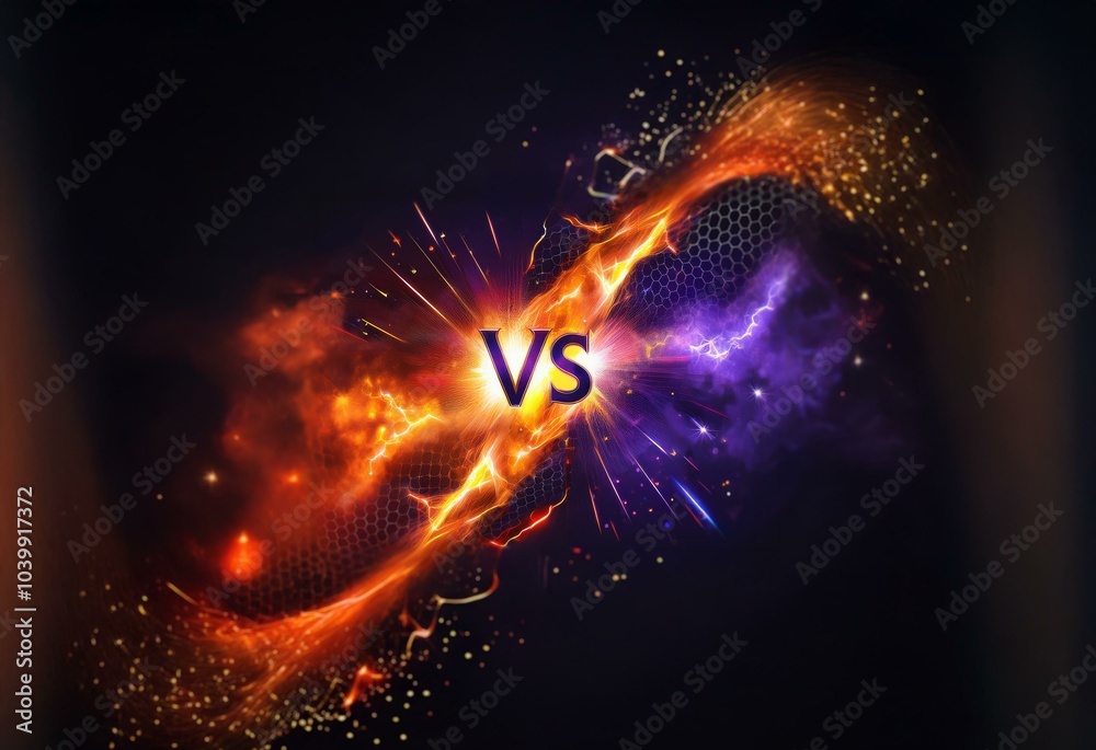 Aufkleber a clash of two abstract forces, orange and purple, with glowing lines and sparks creating a dynamic 