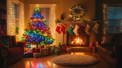 Fototapeta premium A cozy living room with a rainbow-lit Christmas tree, presents wrapped in vibrant colors, and stockings hanging by a glowing fireplace