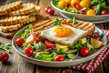 Delicious Breakfast Salad with Sunny Side Egg and Cheese Panini - Fresh and Healthy Morning Meal Inspiration
