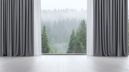 Serene View of Forest Through Window with Curtains