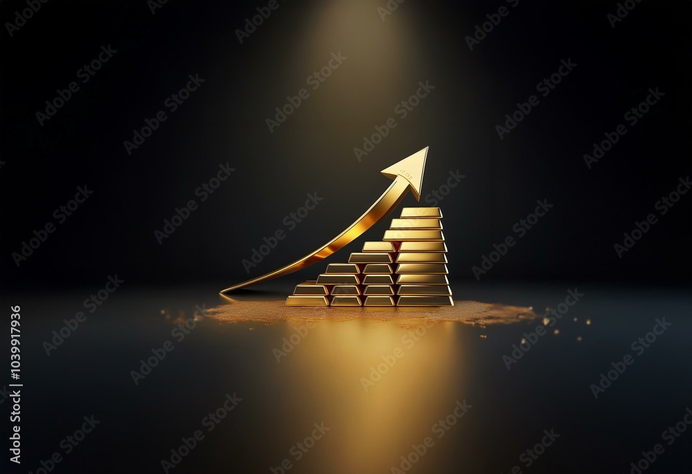 Poster A golden arrow pointing upward rests on a stack of gold bars against a black background with a spotlight shining from above.