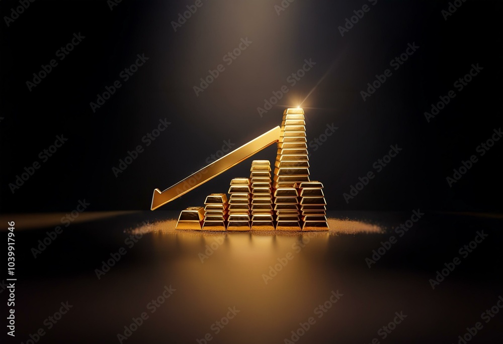 Poster golden bars stacked in an upward trend with a golden arrow pointing upwards.