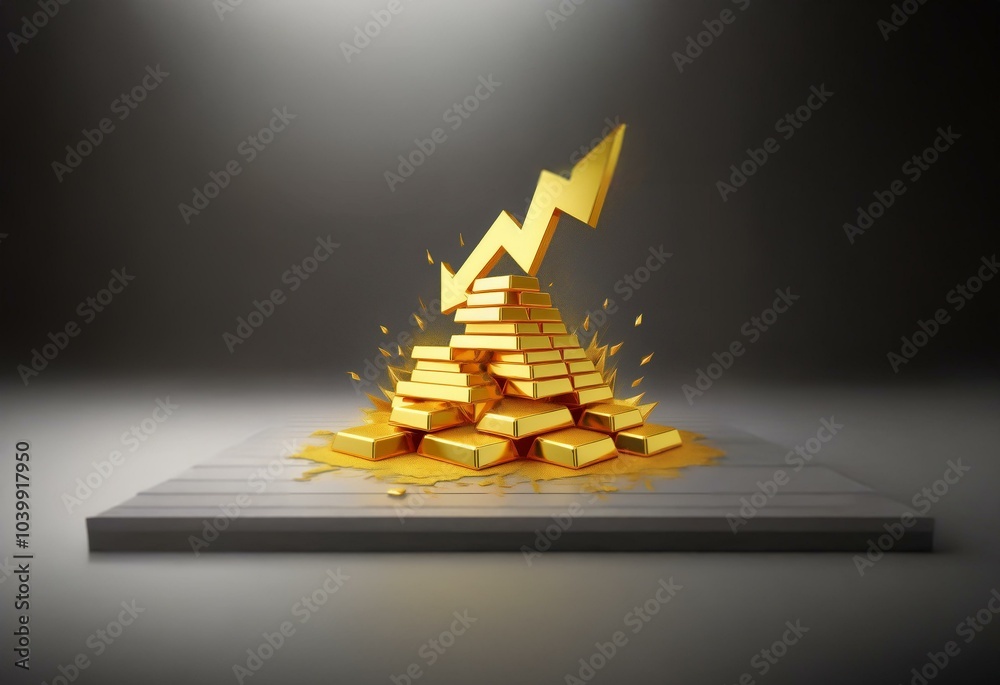 Aufkleber a gold arrow points downward towards a stack of gold bars on a white platform.