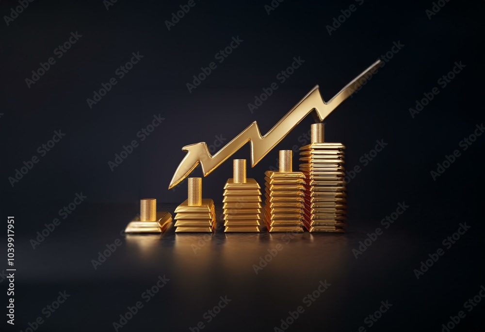 Poster golden bars stacked in a rising bar chart with a golden arrow pointing upwards.