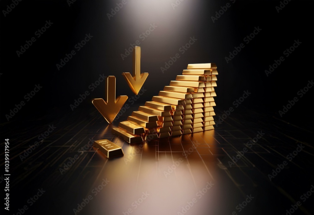 Poster a stack of gold bars forms a staircase ascending towards a spotlight, two gold arrows point downward