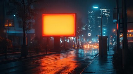 digital billboard poster stands vacant under the neon glow of a city street at night framed by blurred skyscrapers and bustling urban life inviting creativity in advertising