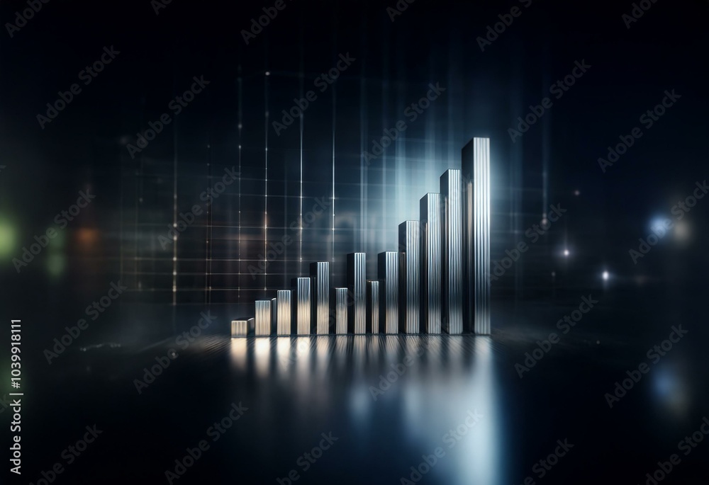 Poster A silver bar graph rises against a dark grid background, illuminated with spotlights.