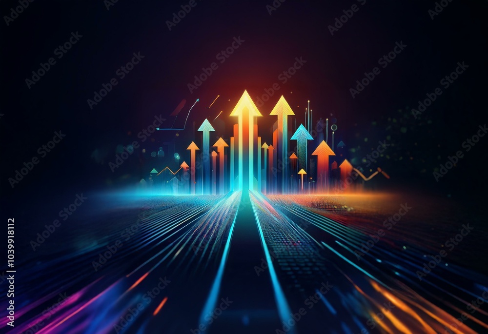 Poster Glowing arrows rising on a dark background with glowing lines and light streaks in a perspective.
