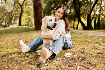 Fototapeta premium A young woman embraces her loyal dog while sitting on the grass in a serene autumn park.