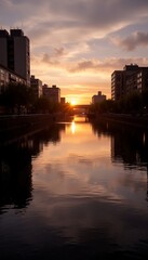 Fototapeta premium Serene sunset reflection over a river with buildings along the banks