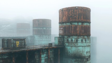 Rusty Industrial Silos in Foggy Environment