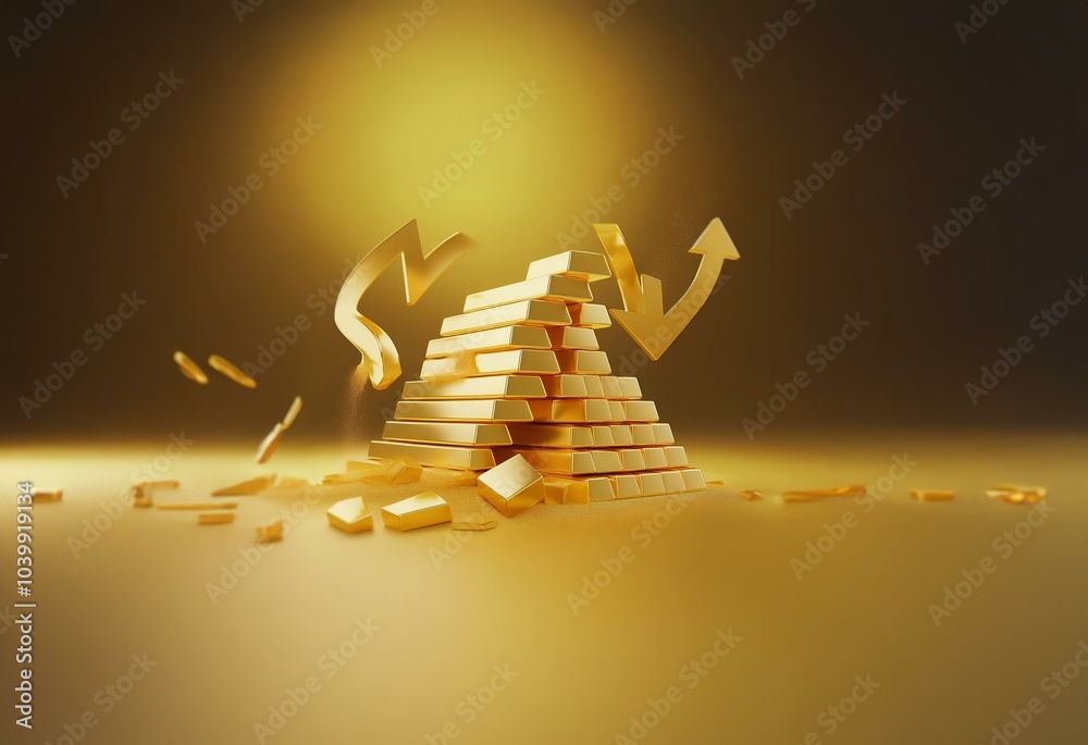 Poster Gold bars form a pyramid shape, with an arrow piercing through and causing some of the bars to fall.
