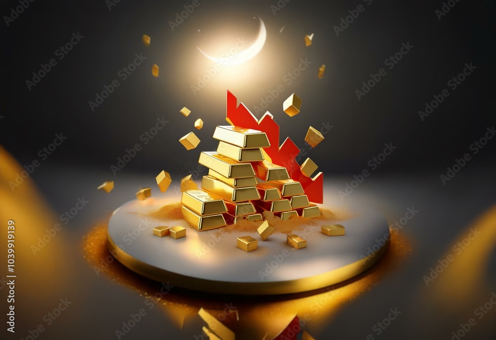 Poster gold bars on a white circular platform with a red downward arrow piercing through the bars. scattere