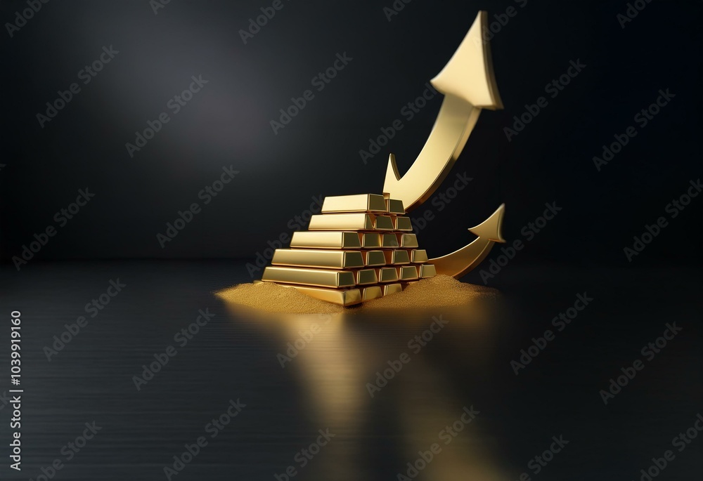 Poster gold bars stacked in pyramid shape, with two golden arrows pointing upward, against a dark backgroun