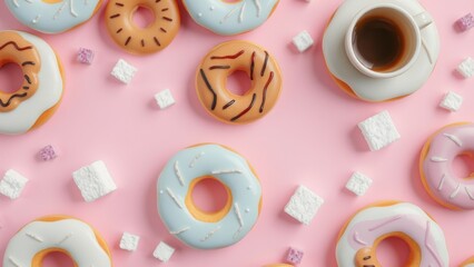 Colorful donuts with coffee on pink background
