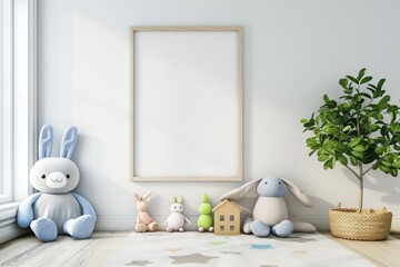 Cozy Child's Bedroom with Blank Frame and Soft Toys in Pastel Theme