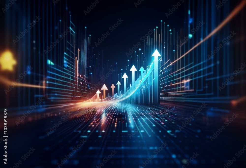 Poster abstract glowing arrows move upward on a digital grid, suggesting growth and innovation.