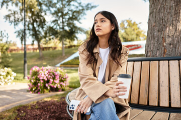 Relaxing in a cozy outfit, a woman savors her drink amidst vibrant autumn foliage.