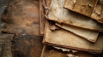 A stack of old books with pages that are torn and yellowed