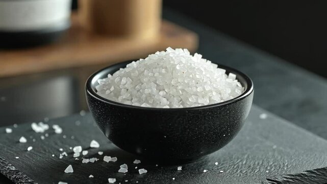 A bowl of coarse salt sits on a black slate serving tray